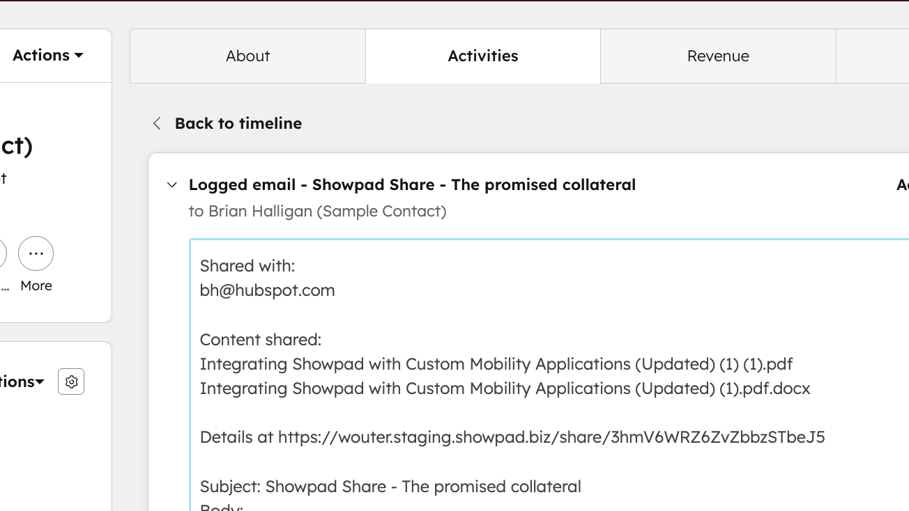 Showpad Share activity on HubSpot timelines